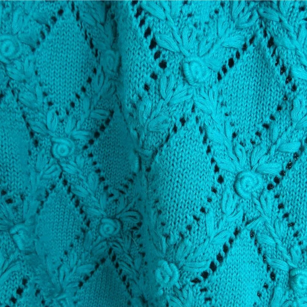 Vintage WORTHINGTON Women's Teal Green Rose Short Sleeve Cardigan Sweater XL